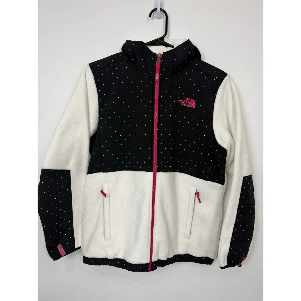 The North Face Jacket Teen Girls XL 18 Black White Denali Hooded Diamond Fleece
